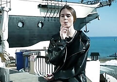 Marvelous youthful Russian angel smokin' one cigarette outdoors on terrace, natural daylight, relaxed mood, soft expressions, casual lifestyle po