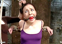 Oiled Lesbian Toyed On Hogtie Bondage