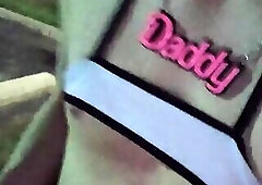 Sissy femboy risky walk around sleazy motel in micro bikini