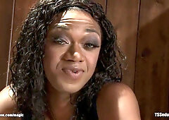 Ebony t-girl lady Janet Jackme brought home hawt white date Ash Krosser and with large ebony dong screwed him in throat and bushy constricted anal ope