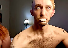 Redhead couple plays truth or dare in steamy behind-the-scenes bedroom session