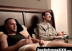 Two amateur freaks jerk off together in a cheap motel room