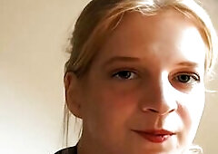 Blond with large bazookas rubs herself on her soaked cleft