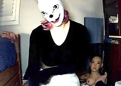Bunny May Pt1! Female masked beauty plays around with her white rabbit mask and her rubber body!