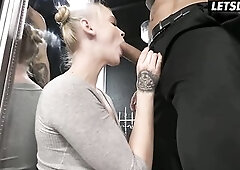 Tattooed Golden-haired in White Nylons Screwed Standing, Then Doggy on the Wall