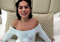 Chubby Puerto Rican Latina with full tits and a smooth shaved pussy dominates the casting session on her knees