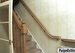 British blonde wife Paige Ashley takes her lover hard on the staircase at home