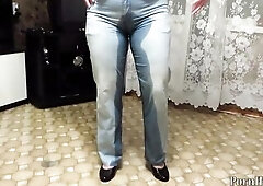 Aged Woman Pissing in Jeans