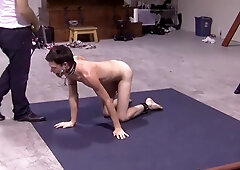 Dominant male spanks his skinny slave in a dirty BDSM game