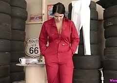 Incredibly hot busty mechanic girl Kylie K plays with her bald pussy