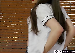 Shemale sucked teachers big hard cock before she fucked her asshole so hard