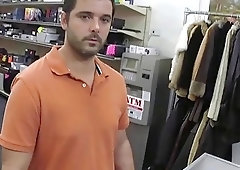 Beefy straight dude has to suck cock if he wants money from this shop