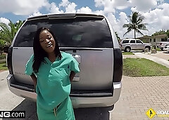 Roadside ebony hottie Stacy gives her mechanic a blowjob and cock ride