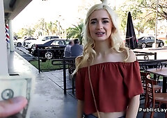 Slim Blonde Bangs In Public For Fast Cash