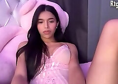 big boobs filipina shemale in pink lingerie strokes her big dick
