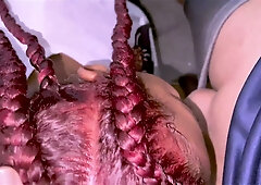 Curvy ebony beauty with red braids submits to rough domination and deepthroat