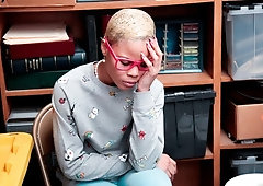 Lusty ebony Arie Faye is sucking a fat white dick in the office