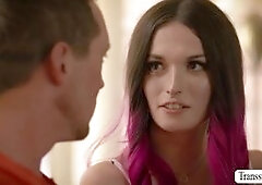 Shemale redhead visited by her handsome stepbro and they start kissing each other on the couch.After that,smalltits TS goes down and throats stepbros 