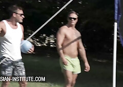 Three guys for brunette Anita Bellini in the tent