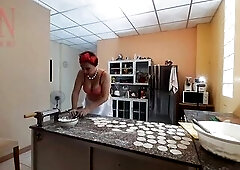A exposed housewife is preparing dinner in the kitchen. The dissolute whimsical housekeeper Brassiere 1
