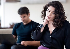 Curly-haired with small cans gets fucked by her colleague