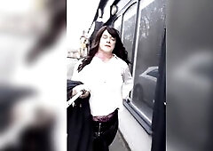 Experimenting with a selfie stick and just walking along the side of the road. Wearing a short leather petticoat like a doxy with nylons under.