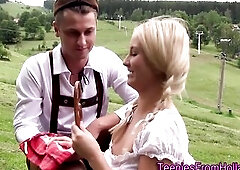 Dutch milkmaid teen gets eaten out and bangs in meadow