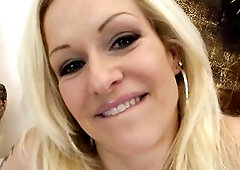 A lewd blond with a pink twat jerks off during the time that banging, licks his nuts, and sucks his hard jock until this chab cums in her throat.