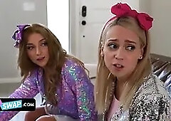 Crazy stepbros blackmail 2 lewd vixens with a homemade sextape to make them conform their wishes