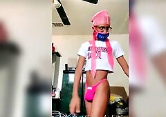 Fem twink shows off in pink strap link in movie to watch greater quantity