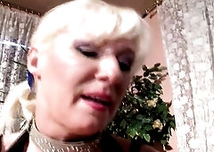 Superb large boobed golden-haired German cougar doxy gives head to 2 big dongs and gets her twat drilled hard previous to getting her tits sprayed wit