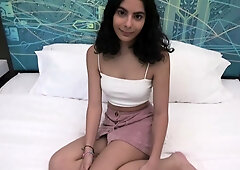 Brunette casting session features natural curves and smooth skin
