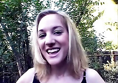 Cute golden-haired sucks rod outdoor