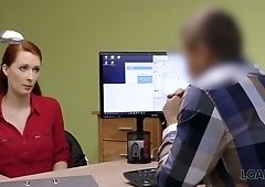 In order to get a loan busty redhead Isabella wanks and sucks debtor's dick