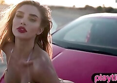 Curvy breathtaking blond mother I'd like to fuck flaunts her giant round titties outdoors