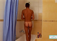 Kinky Dude Plaything Benja L Drains Off His Stiff Knob In The Bathroom!