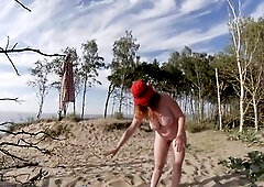 BARE CURLY GINGER SNATCH BEACH YOGA STRETCH - Large Boobs Curvy Amateur Redhead mother I'd like to fuck Risky Public Stripped