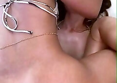 Gorgeous babes take turns on cock in intimate POV threeway