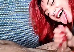 Italian redhead Jasmin Carrera deepthroats and shares pussy play before taking a facial