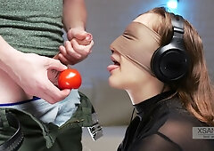 American friend tricks blindfolded brunette into taste test with cucumber and cock