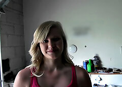 Blonde with big tits gets a garage pounding in POV with a pierced handjob