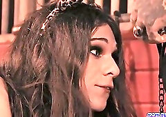 TS Jessy manage to lick the tip of her own she-cock while being plowed