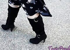 Girlfriend walks in her enchanting suede metal tipped boots