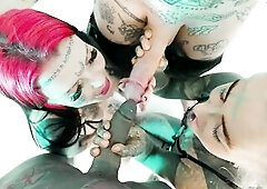 Breathtaking anal-addicted whore with a fully tattooed body invites her pretty, inked hottie into this POV foursome action with a lustful chaps with l
