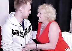 OldNanny - Blond Granny In Red Costume Seduces Concupiscent Stud For Hawt Bang