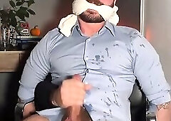 Tied up while getting jerked and spraying a huge load