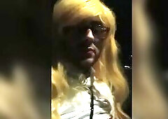 Despite passing cars, this kinky sissy masturbates right on the road.