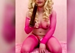 Caged in chastity, sissy bimbo whore mouth training, anal training and using my own cum as lube to bang my twat using my screw machine