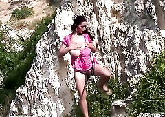 Gourgeous breasty model Anya Zenkova takes her top off at the beach