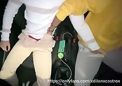 Uber driver has a bareback romp with college twink Dilan Castro in the car and fills him up outdoors